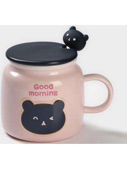 Кружка керамическая с ложкой «Доброе утро», 450 мл, цвет розовый
