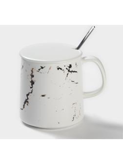 Кружка керамическая с ложкой «Белый мрамор», 350 мл, цвет белый