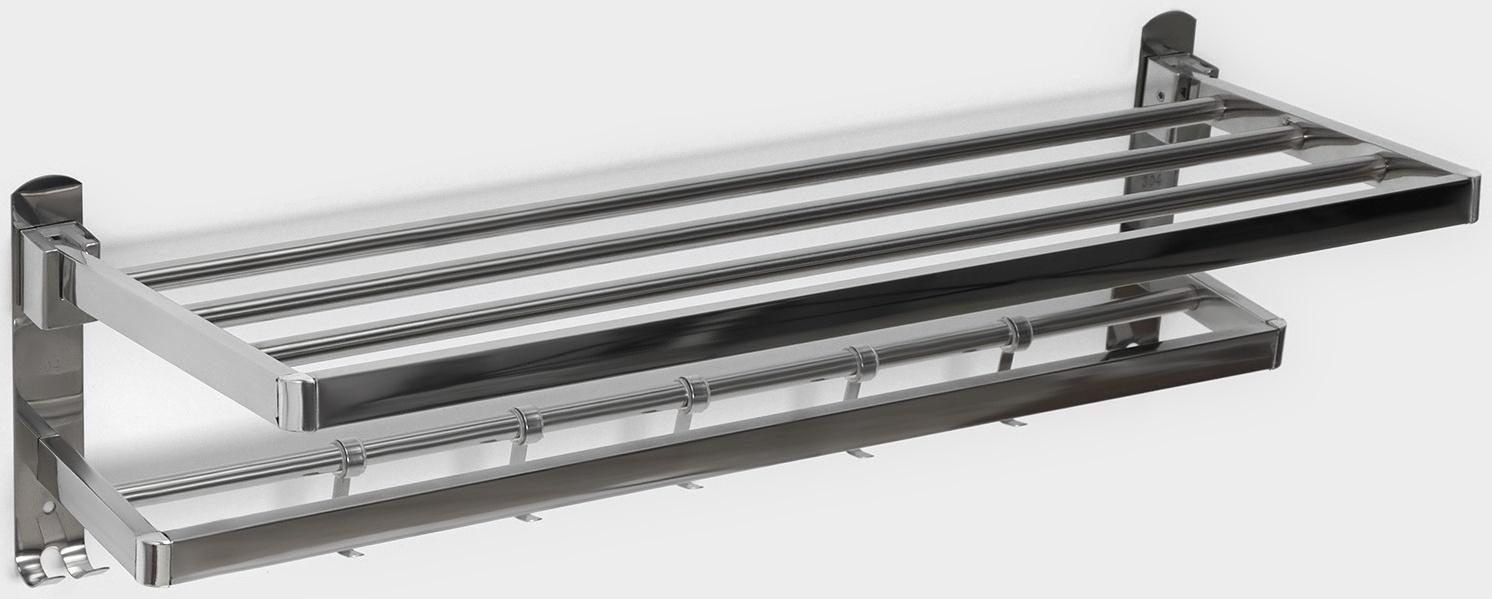 Полка откидная с держателем полотенец, 5 двигающихся крючков, цвет серебристый