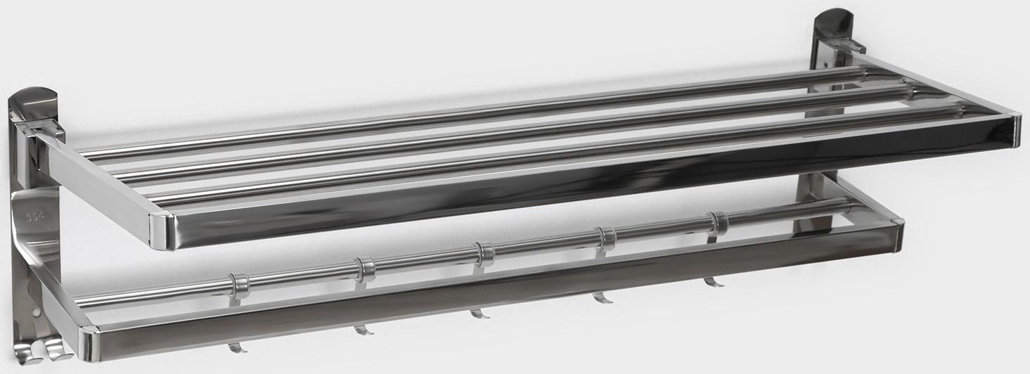 Полка откидная с держателем полотенец, 5 двигающихся крючков, цвет серебристый