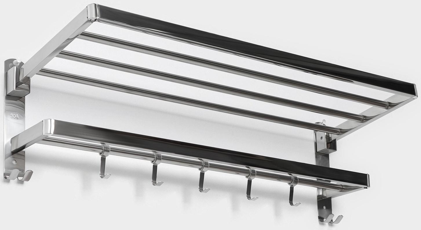 Полка откидная с держателем полотенец, 5 двигающихся крючков, цвет серебристый