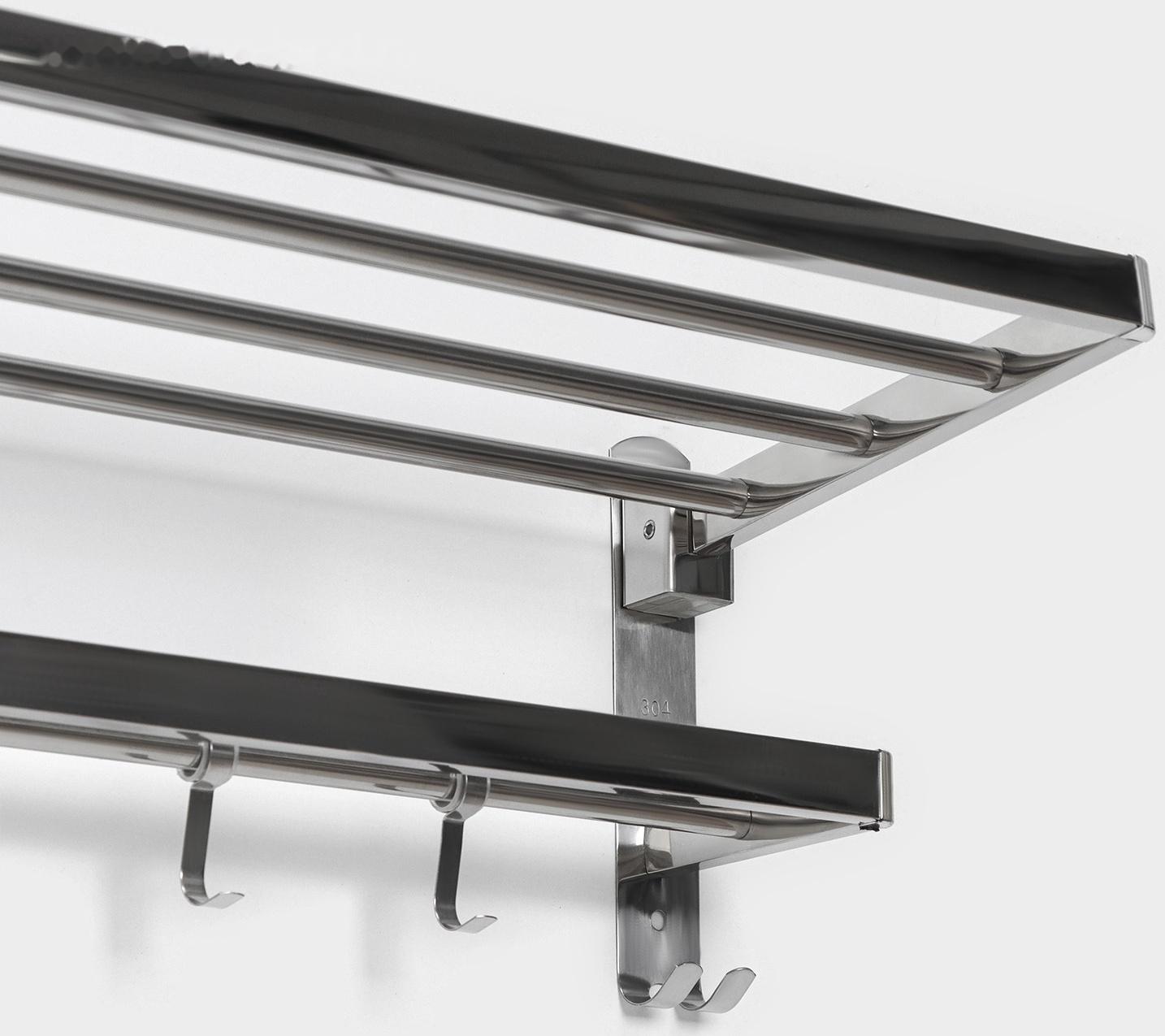 Полка откидная с держателем полотенец, 5 двигающихся крючков, цвет серебристый