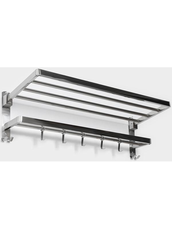 Полка откидная с держателем полотенец, 5 двигающихся крючков, цвет серебристый