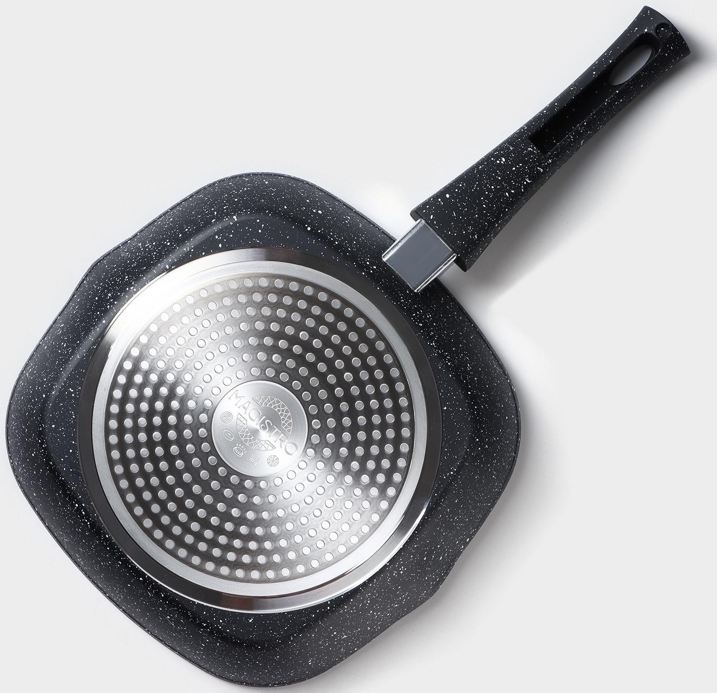 Сковорода гриль квадратная Magistro Dark, 24×24 см, ручка съёмная soft-touch, антипригарное покрытие, индукция