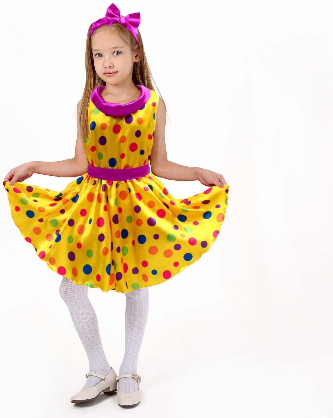 Карнавальный костюм «Стиляги 8»: платье жёлтое в крупный горох, повязка, р. 34, рост 134 см