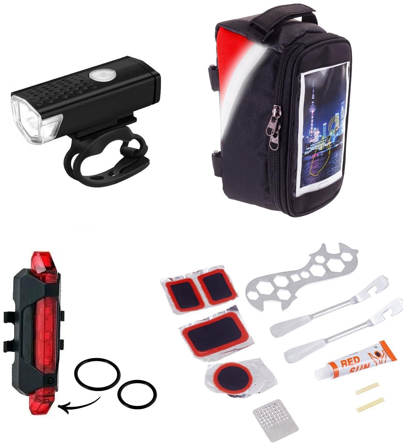 Набор для велосипеда 3 в 1: фонарь аккумуляторный, ремонтный набор, сумка
