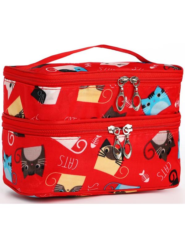 Косметичка, 2 отдела на молниях, цвет красный