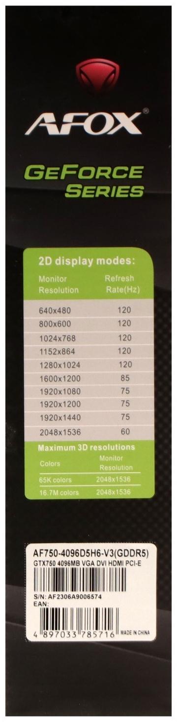 Видеокарта Afox GTX750, 4Гб, 128bit, GDDR5, DVI, HDMI, VGA, HDCP
