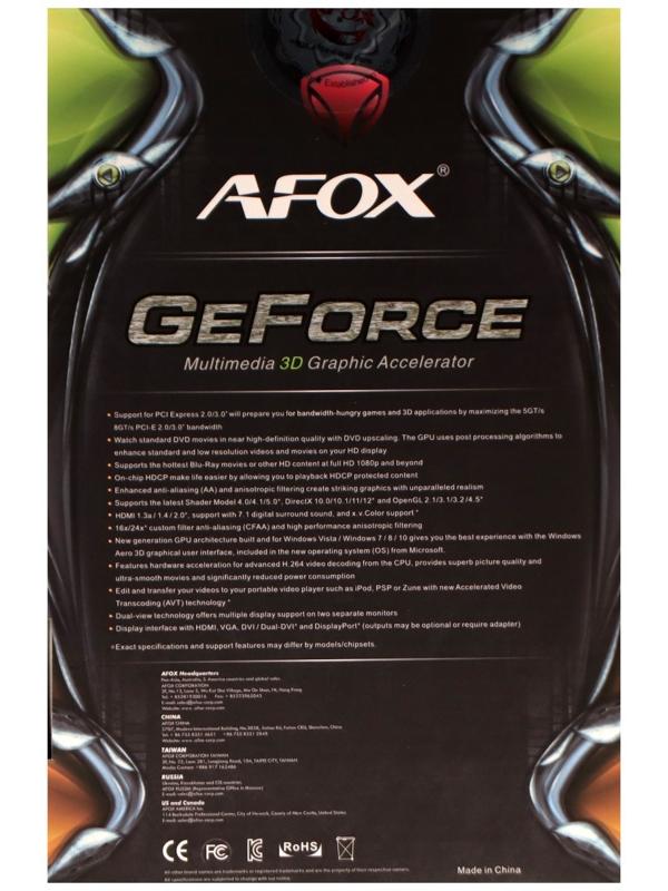 Видеокарта Afox GTX750, 4Гб, 128bit, GDDR5, DVI, HDMI, VGA, HDCP