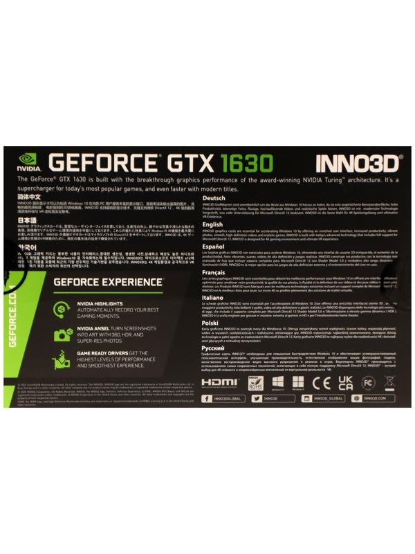 Видеокарта INNO3D GEFORCE GTX 1630, 4Гб, 64bit, GDDR6, HDMI, 2хDP, HDCP