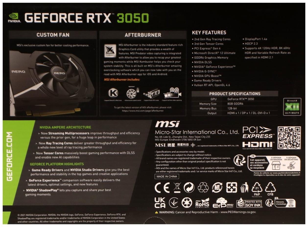Видеокарта MSI RTX3050 AERO ITX, 8Гб, 128bit, GDDR6, DVI, 3хHDMI, DP