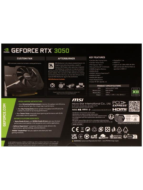 Видеокарта MSI RTX3050 AERO ITX, 8Гб, 128bit, GDDR6, DVI, 3хHDMI, DP