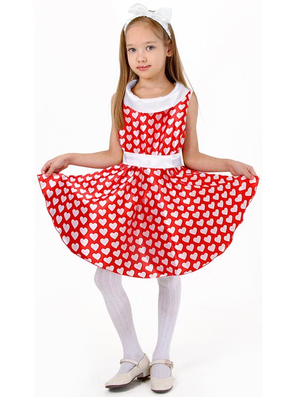 Карнавальный костюм «Стиляги» платье красное с белыми сердцами, повязка р-р 34 рост 134 см