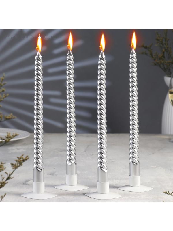 Набор Свечей витых, 2,2х 30 см, 4 штук, серебряный металлик