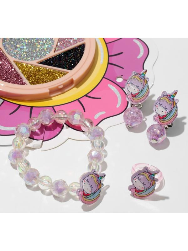 Набор детский 4 предмета: клипсы, кольцо, браслет, глиттер 