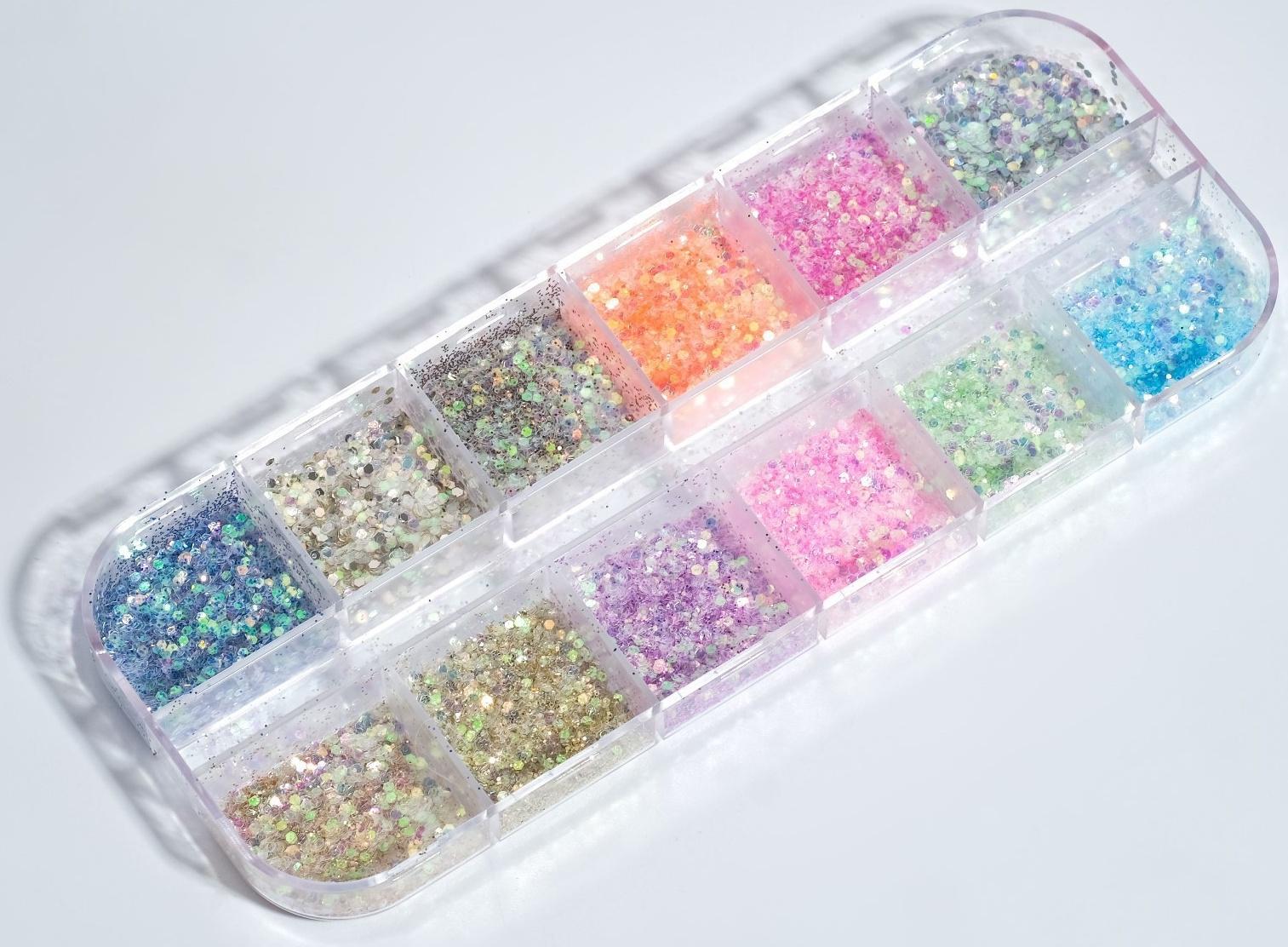 Блёстки для декора, 12 ячеек, мелкие, разноцветные