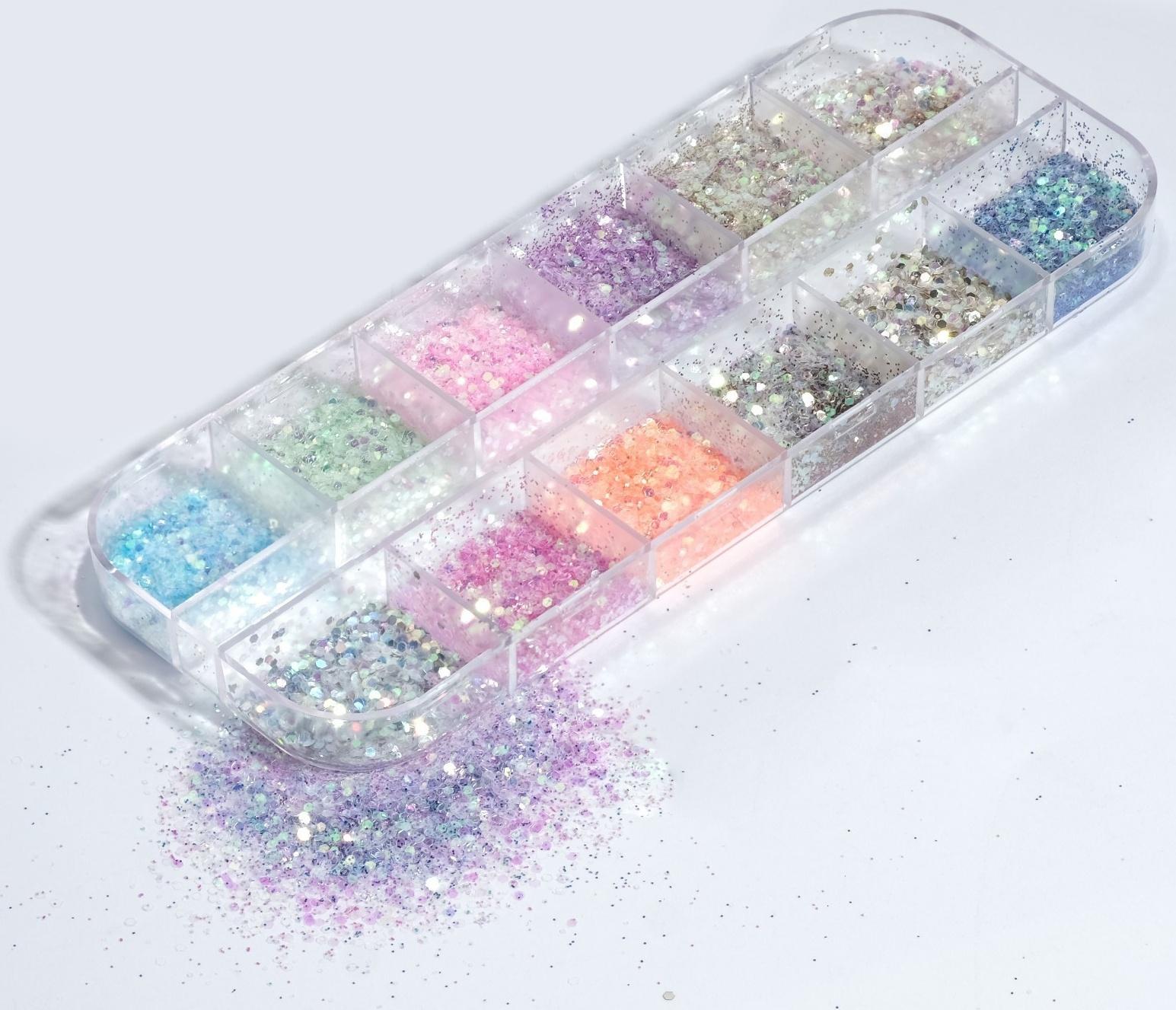 Блёстки для декора, 12 ячеек, мелкие, разноцветные