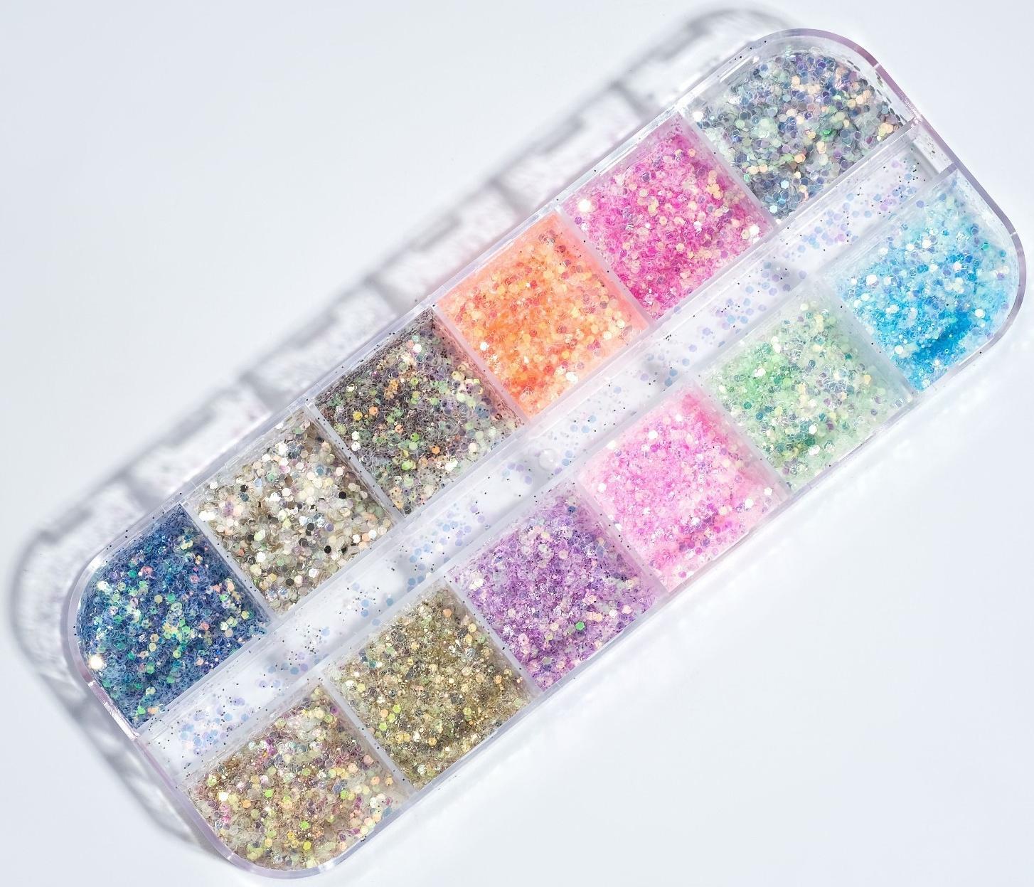 Блёстки для декора, 12 ячеек, мелкие, разноцветные
