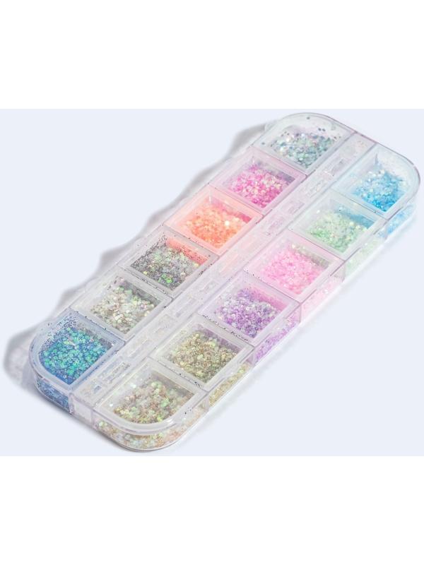 Блёстки для декора, 12 ячеек, мелкие, разноцветные