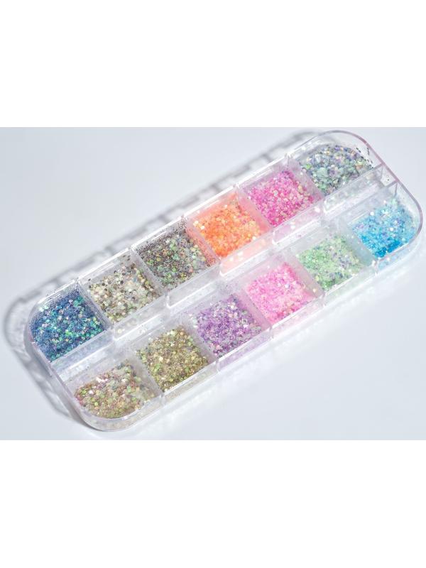 Блёстки для декора, 12 ячеек, мелкие, разноцветные