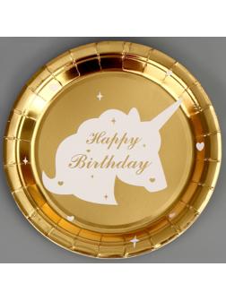 Тарелка бумажная «С днём рождения. Единорог», 6 шт., цвет золото