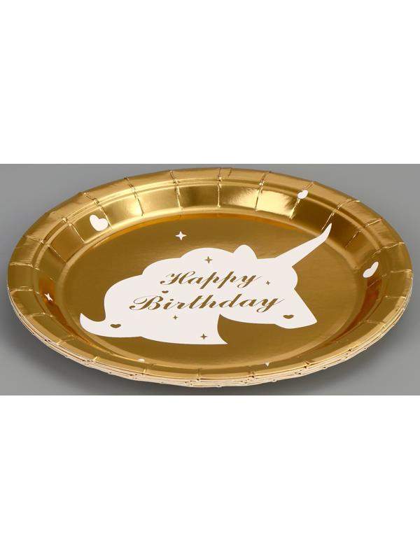 Тарелка бумажная «С днём рождения. Единорог», 6 шт., цвет золото