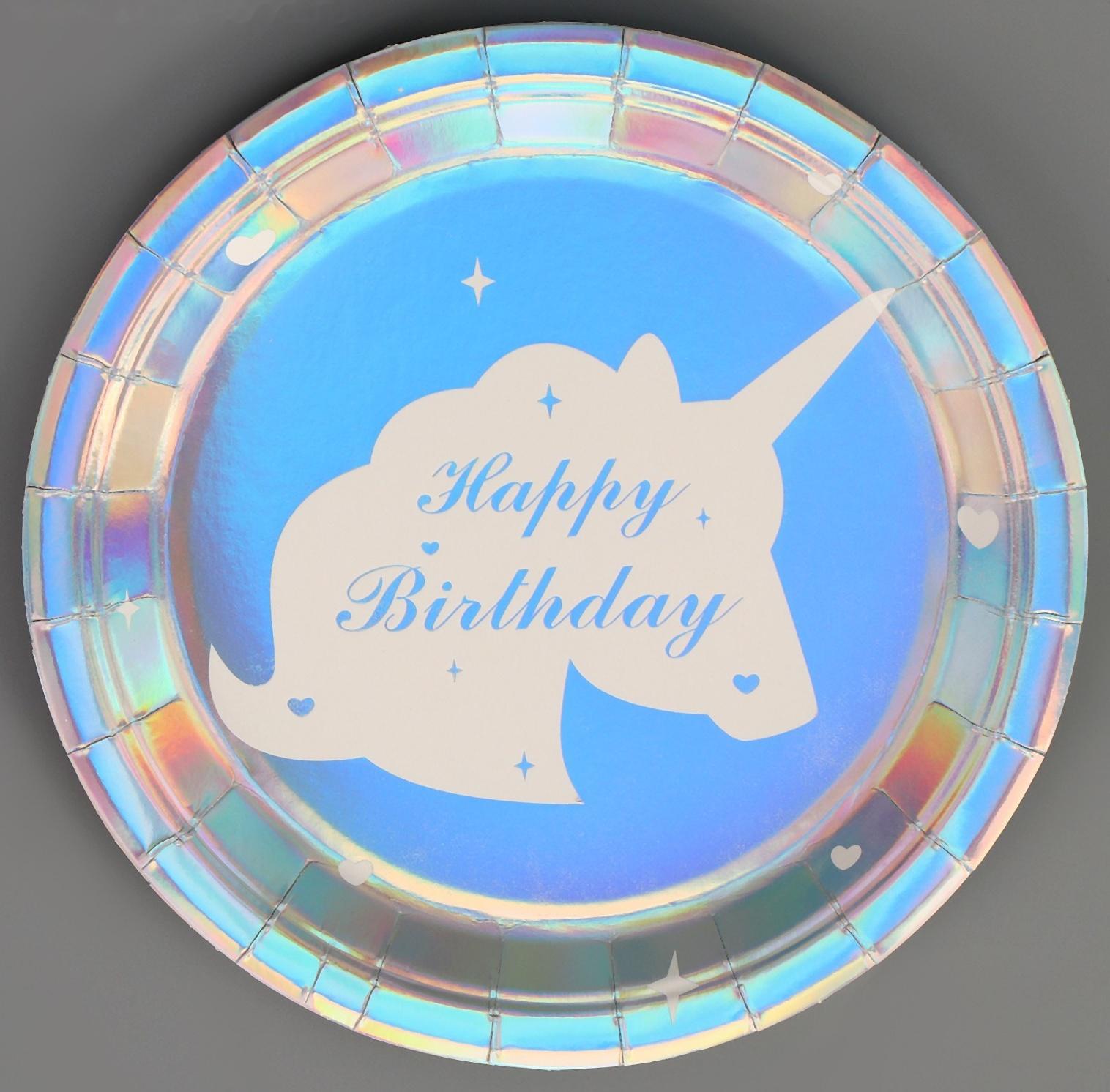 Тарелка бумажная «С днём рождения. Единорог», 6 шт., цвет серебро