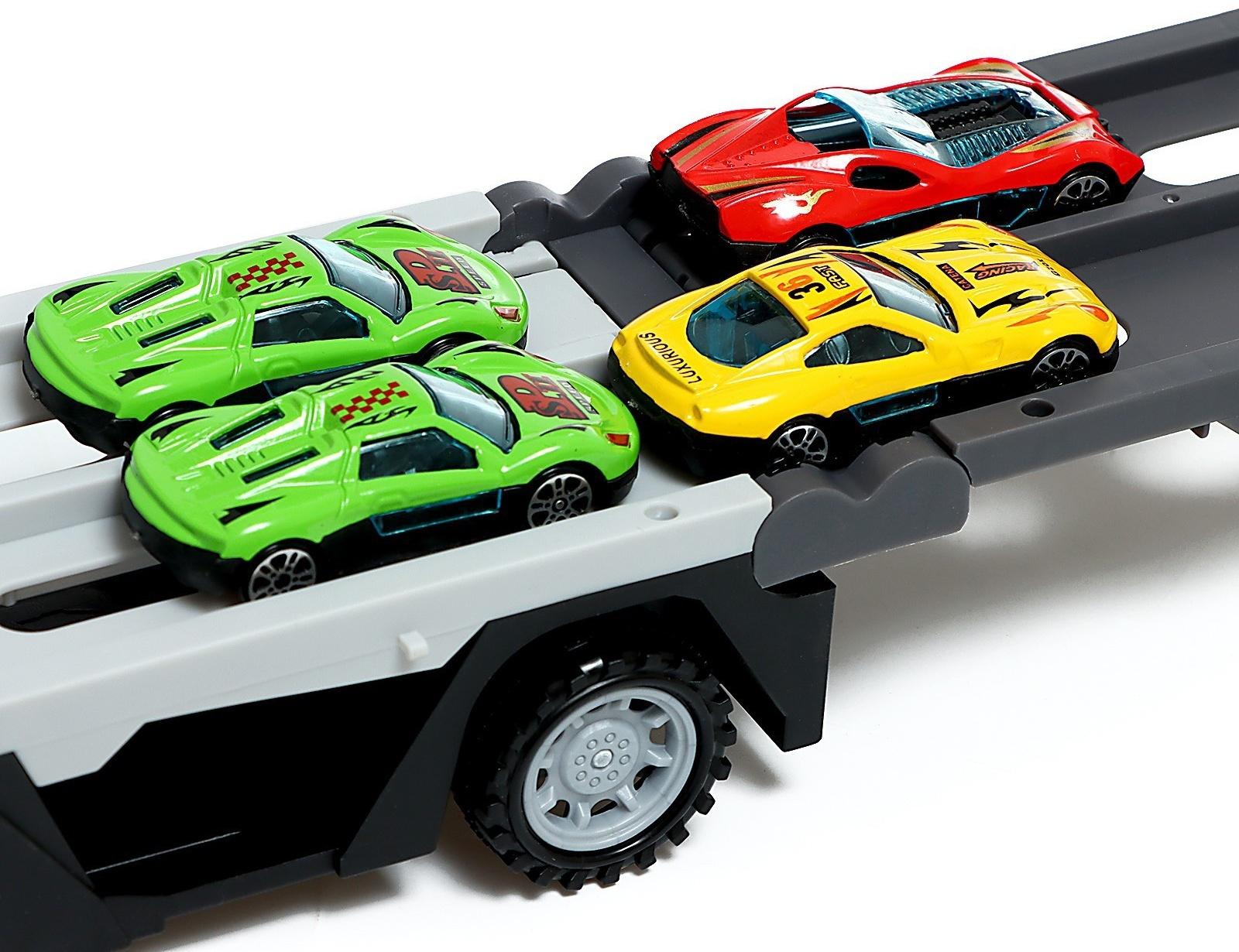 Парковка 2 в 1 Truck, 6 машинок, трансформируется в автотрек, звук, цвет синий