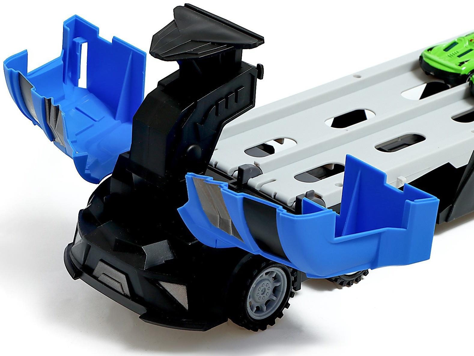 Парковка 2 в 1 Truck, 6 машинок, трансформируется в автотрек, звук, цвет синий