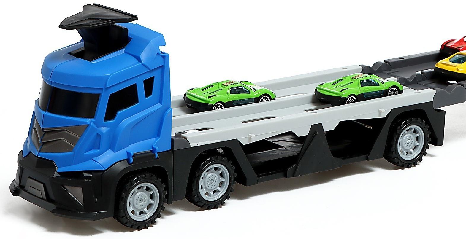Парковка 2 в 1 Truck, 6 машинок, трансформируется в автотрек, звук, цвет синий