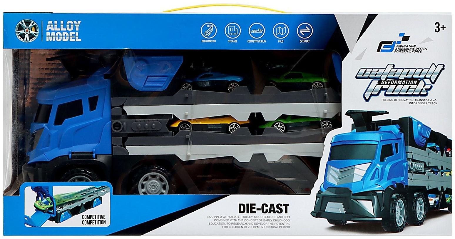 Парковка 2 в 1 Truck, 6 машинок, трансформируется в автотрек, звук, цвет синий