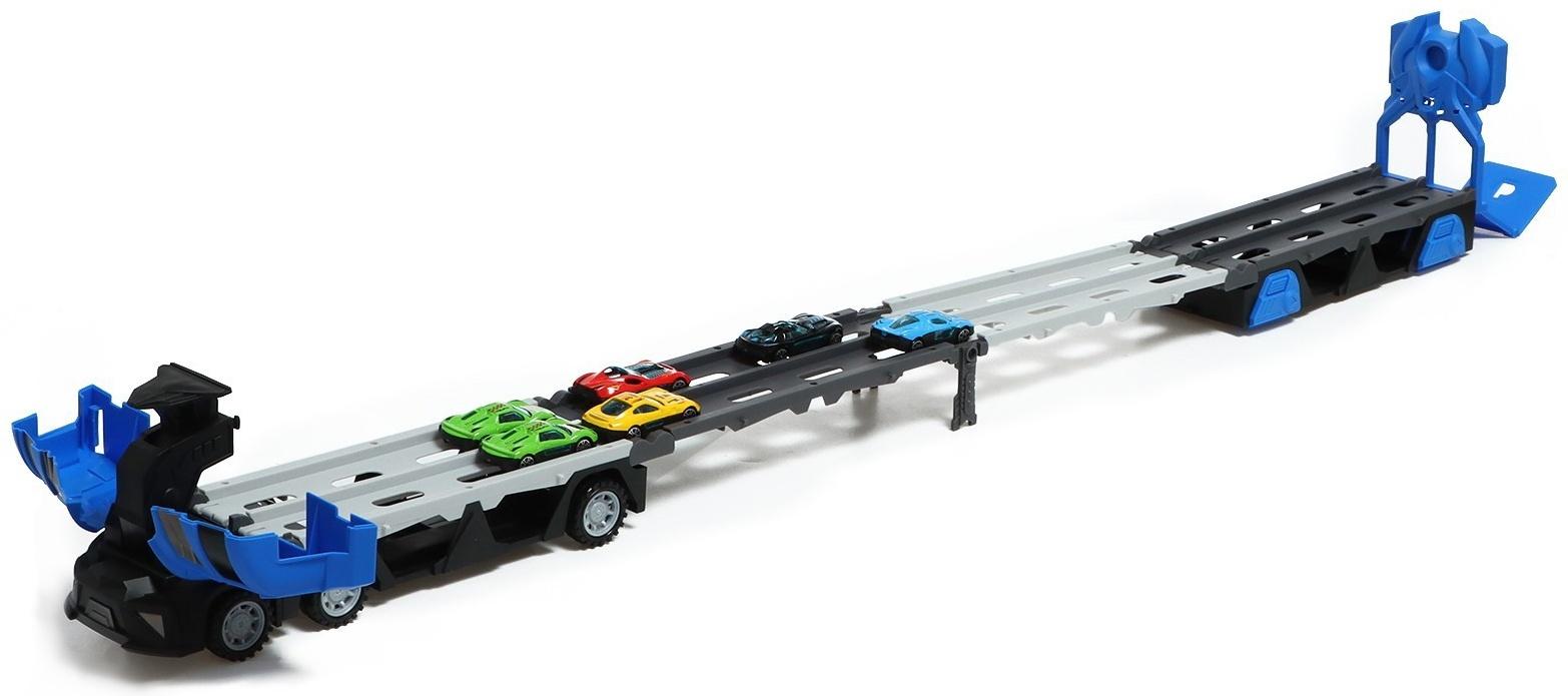 Парковка 2 в 1 Truck, 6 машинок, трансформируется в автотрек, звук, цвет синий