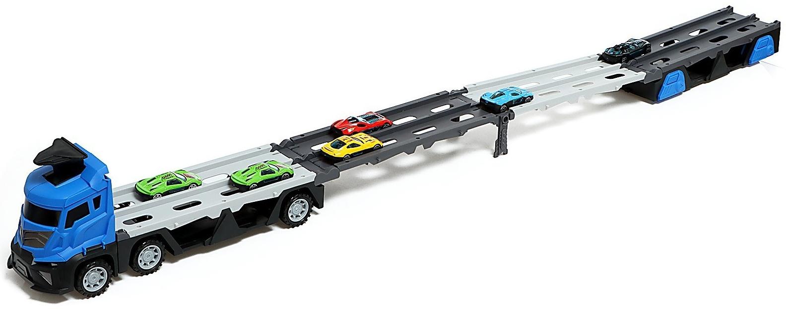 Парковка 2 в 1 Truck, 6 машинок, трансформируется в автотрек, звук, цвет синий
