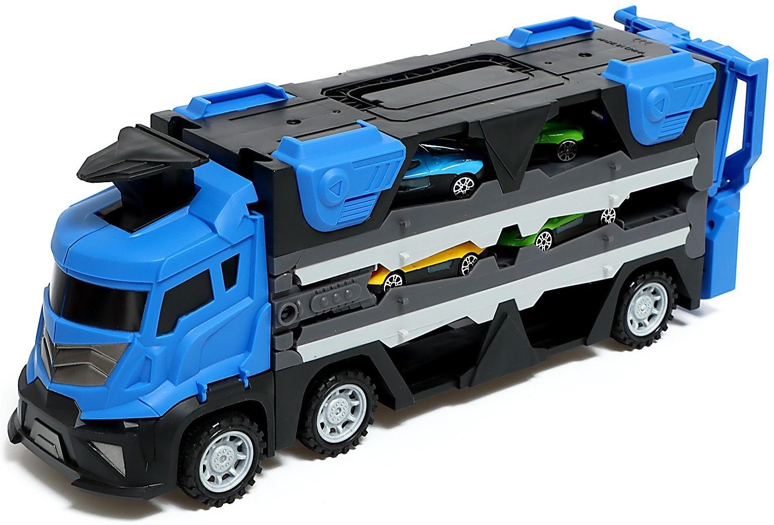 Парковка 2 в 1 Truck, 6 машинок, трансформируется в автотрек, звук, цвет синий