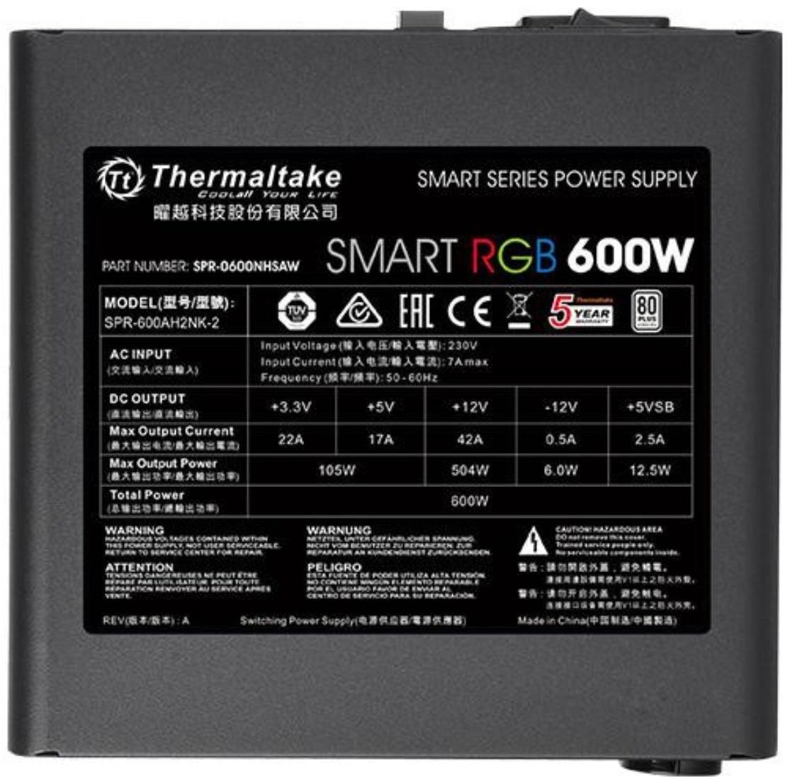 Блок питания Thermaltake ATX 600W Smart RGB 600 80+ (24+4+4pin) APFC 120mm fan color
