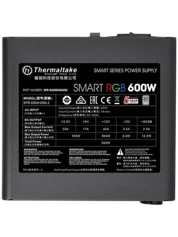 Блок питания Thermaltake ATX 600W Smart RGB 600 80+ (24+4+4pin) APFC 120mm fan color