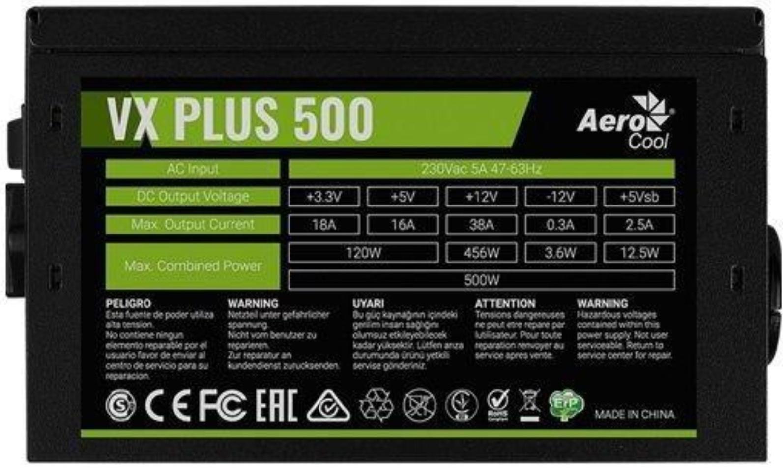 Блок питания Aerocool ATX 500W VX-500 PLUS (24+4+4pin) 120mm fan 3xSATA RTL