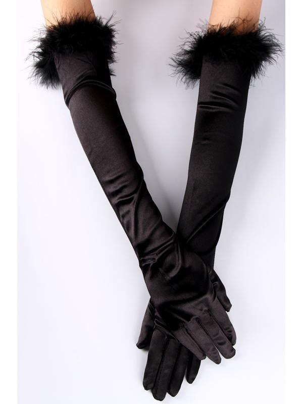 Карнавальный аксессуар-перчатки с перьями, цвет чёрный