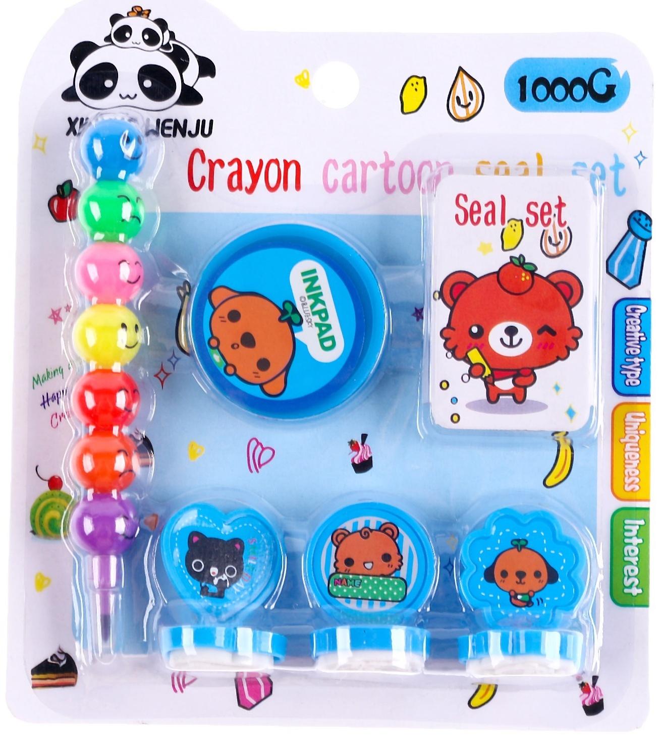 Набор для рисования: печать 3 шт., штемпельная подушка, карандаш 7 цветов, цвет голубой