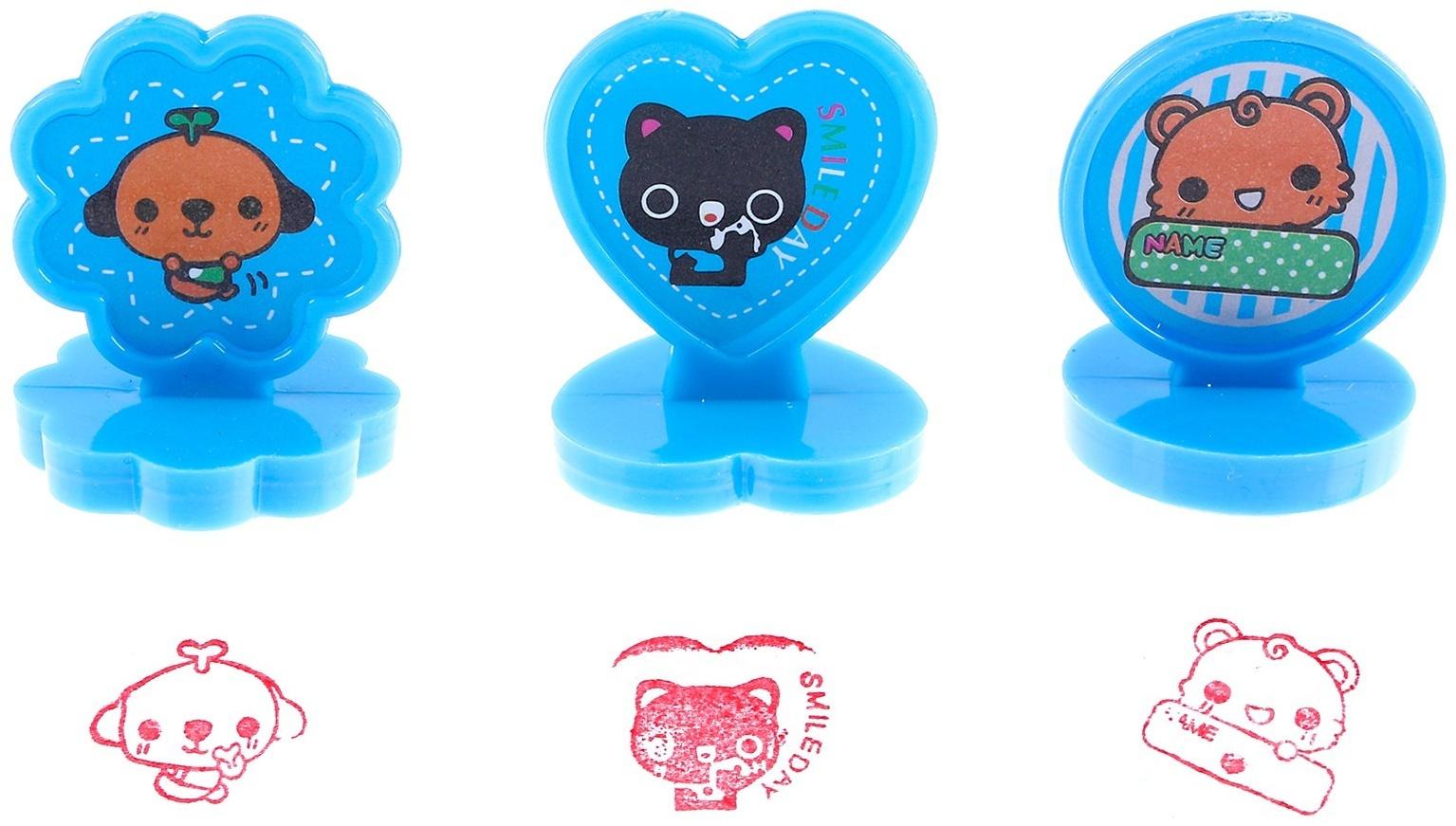 Набор для рисования: печать 3 шт., штемпельная подушка, карандаш 7 цветов, цвет голубой