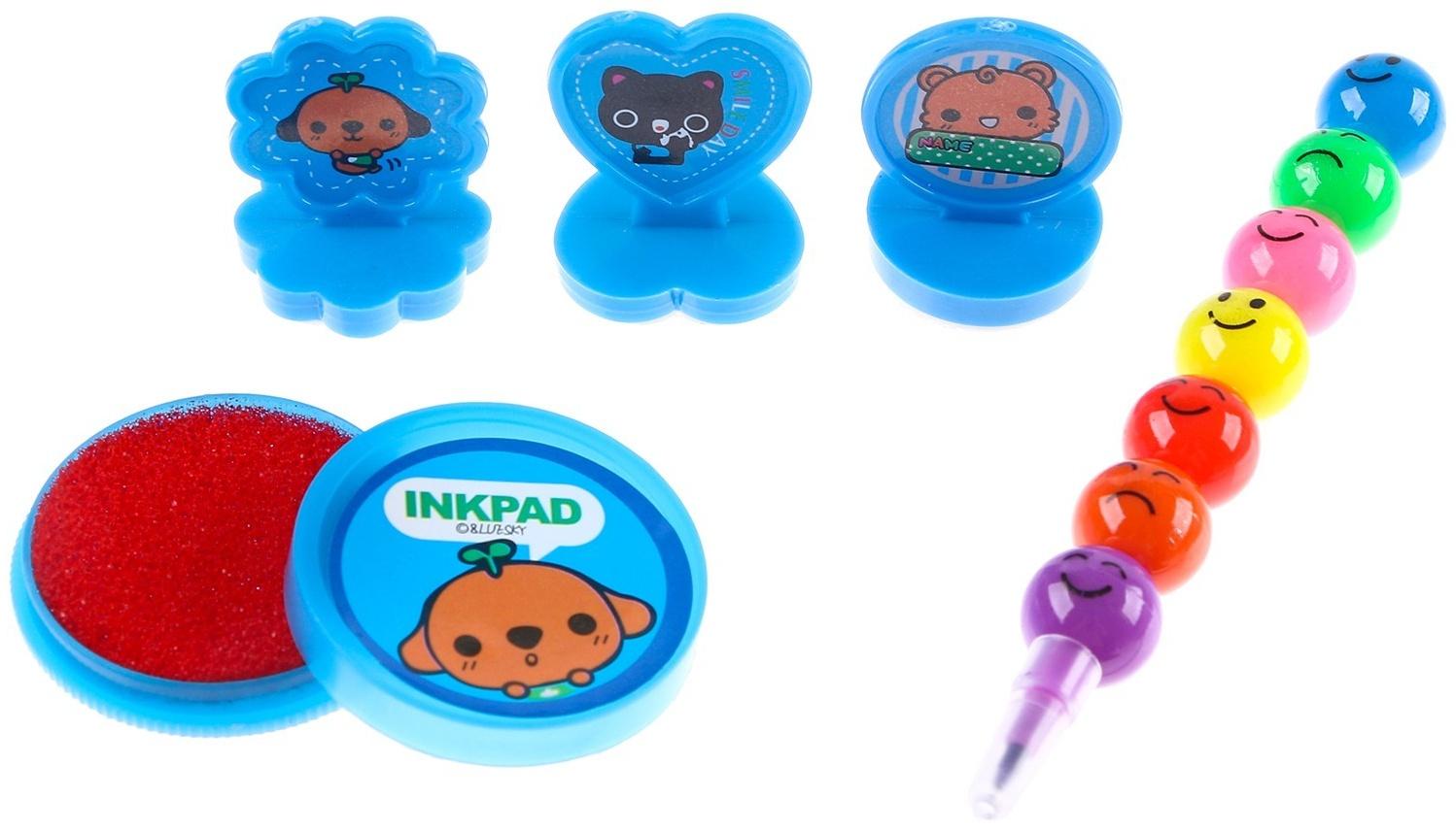 Набор для рисования: печать 3 шт., штемпельная подушка, карандаш 7 цветов, цвет голубой