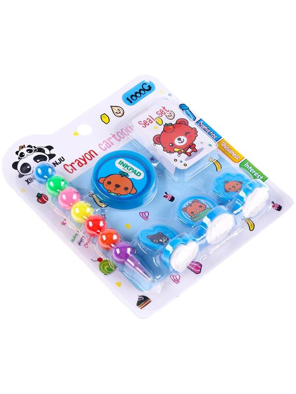 Набор для рисования: печать 3 шт., штемпельная подушка, карандаш 7 цветов, цвет голубой