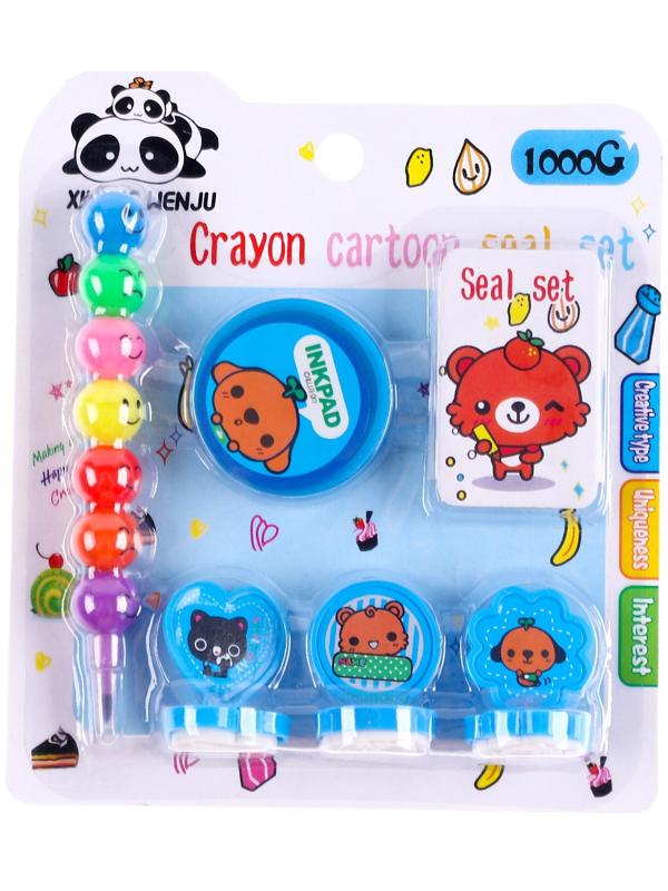 Набор для рисования: печать 3 шт., штемпельная подушка, карандаш 7 цветов, цвет голубой