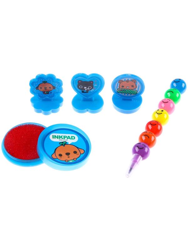 Набор для рисования: печать 3 шт., штемпельная подушка, карандаш 7 цветов, цвет голубой