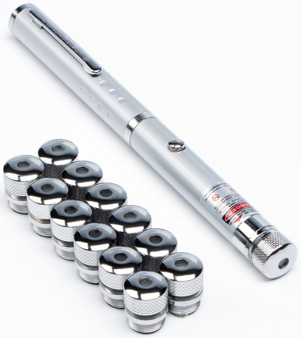 Лазерная указка, 532 нм, 12 насадок, 2 ААА, зеленый луч