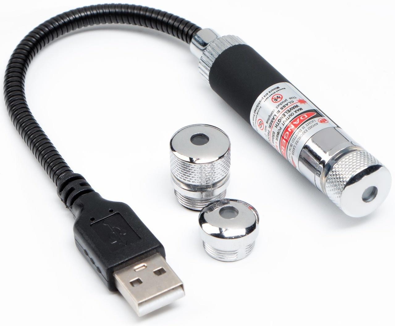 Лазерная указка аккумуляторная, 650 нм, 2 насадки, USB. красный луч