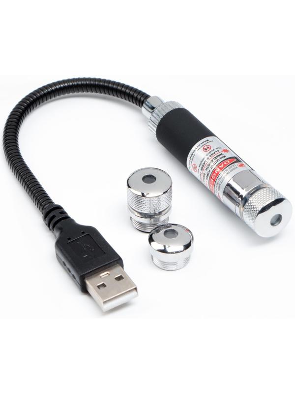 Лазерная указка аккумуляторная, 650 нм, 2 насадки, USB. красный луч