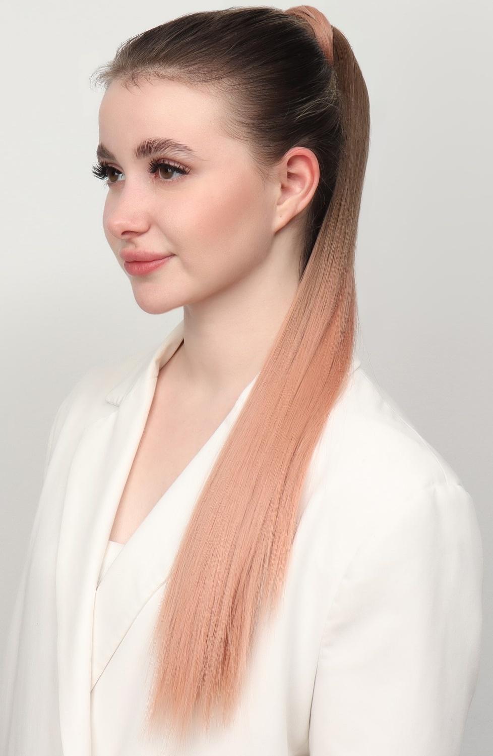 Хвост накладной, прямой волос, на резинке, 60 см, 100 гр, цвет омбре русый/пепельно-розовый