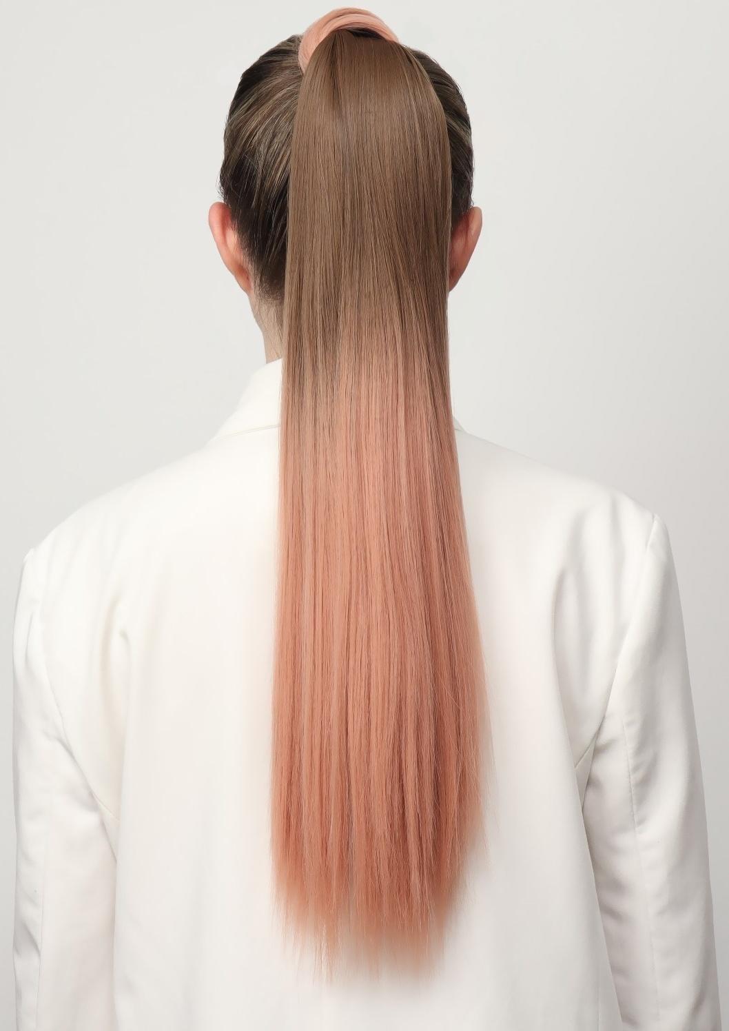 Хвост накладной, прямой волос, на резинке, 60 см, 100 гр, цвет омбре русый/пепельно-розовый