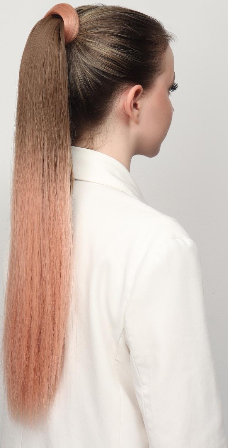 Хвост накладной, прямой волос, на резинке, 60 см, 100 гр, цвет омбре русый/пепельно-розовый